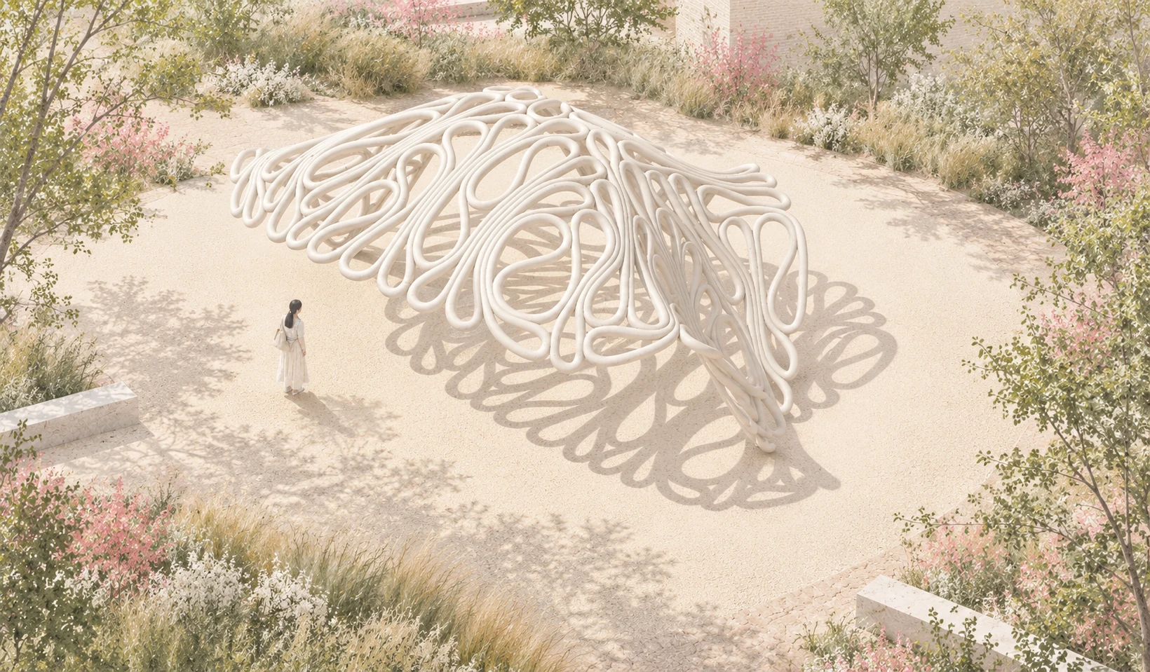 Conceptual COVE pavilion showing the differential-growth pattern applied to a rounded canopy.