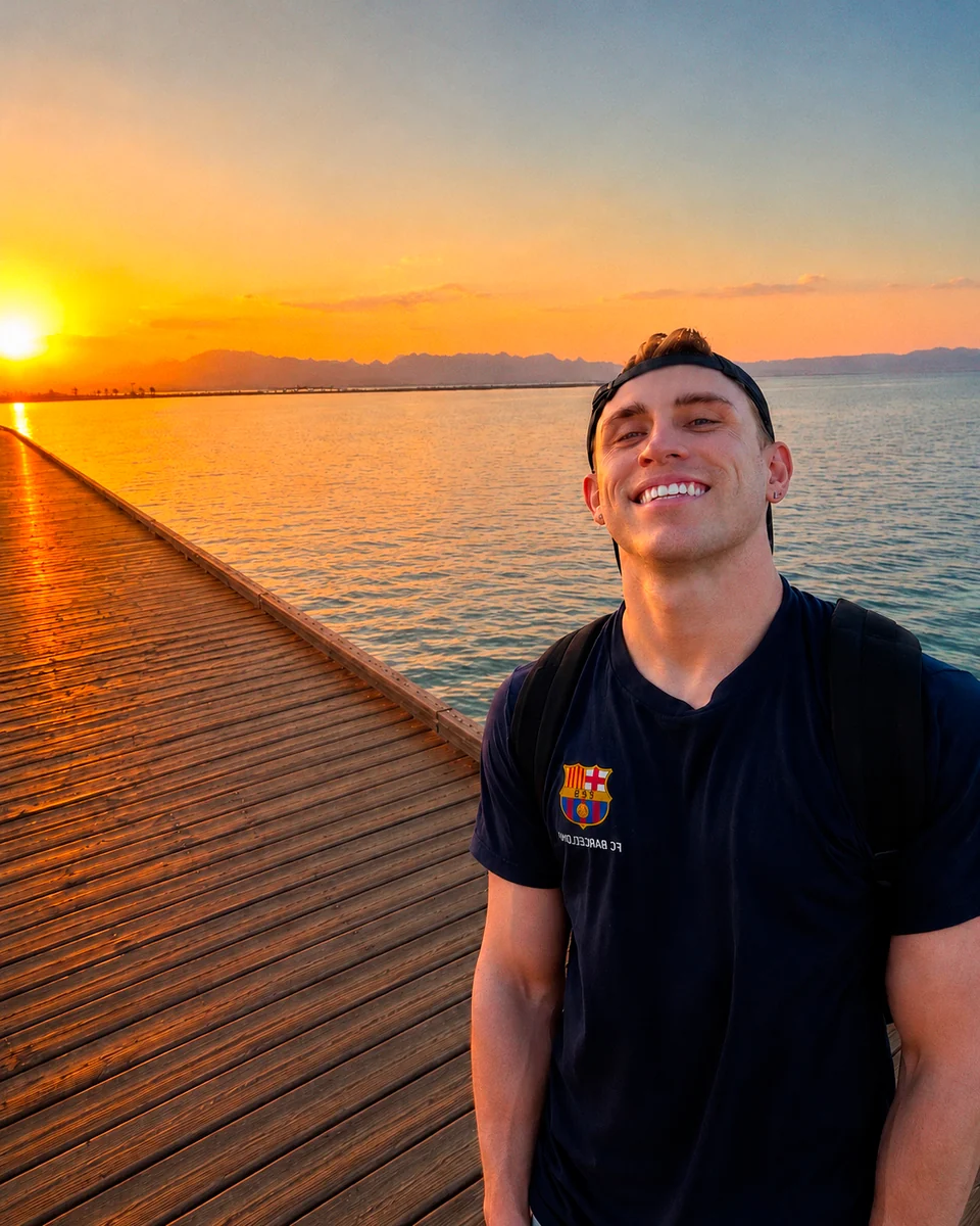 Cameron beside the waterfront at sunset.